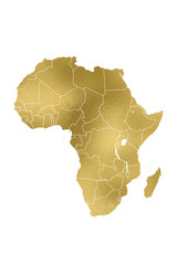 Fototapeta premium Elegant gold foil digital illustration of an African man's silhouette with country borders integrated into the design. A unique blend of art and geography, perfect for cultural projects, posters.