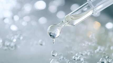 A facial serum, gel-like in texture, delicately suspended on a pipette.
 