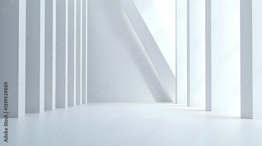 Poster abstract white interior with linear pillars and bright lighting creating geometric patterns and shad
