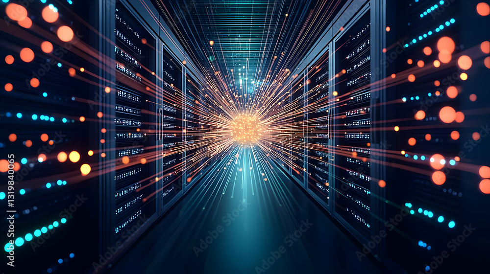Poster abstract data center interior with server racks and glowing light display