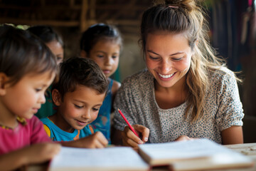 Educating Young Minds: Empowering Children Through Education. A teacher guides students, fostering learning, growth, and opportunity in a classroom setting.