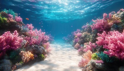 Vibrant coral reef scene with colorful fish, showcasing a sandy pathway. Ideal for travel, nature, and marine life projects needing a serene underwater image.