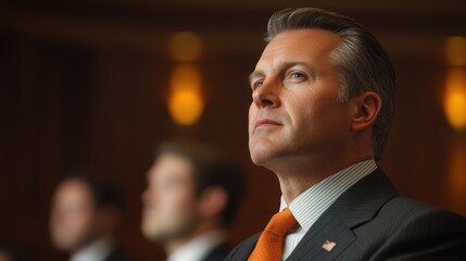A focused businessman in a suit listens intently during a conference, showcasing leadership and determination, This image is ideal for corporate presentations, articles on leadership