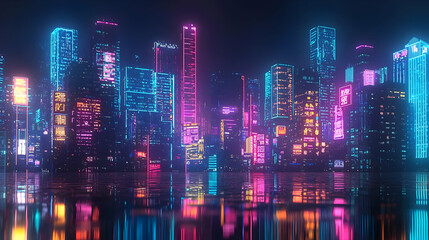 A Vibrant Digital Cityscape at Night Featuring Skyscrapers Neon Lights and Reflections in the Water Creating a Futuristic and Colorful Urban Panorama