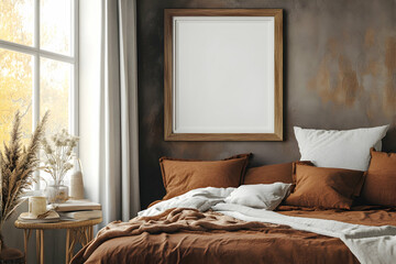 Modern bedroom with a stone accent wall and wooden furniture