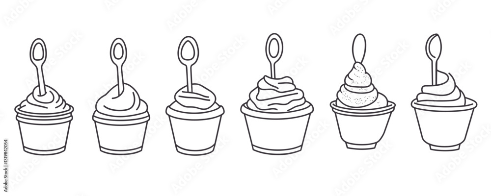 Poster flat linear ice cream icons set in cups with spoons - vector style.