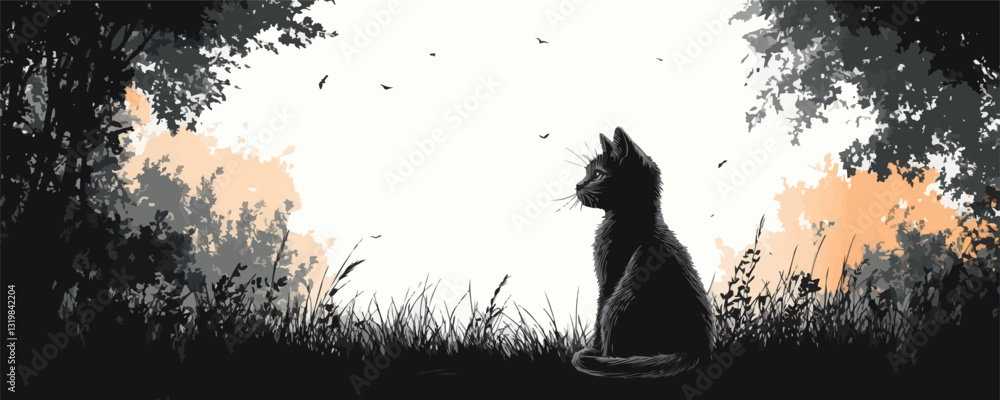 Poster flat vector icons set: silhouette cat in nature scene with trees and bird details.