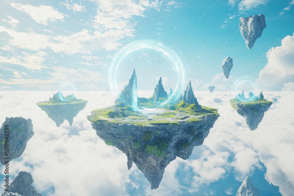 Poster floating islands form mystical gateways to diverse virtual worlds in a captivating metaverse landsca