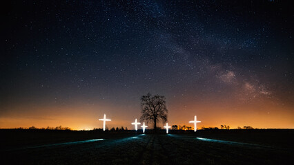 Glowing Crosses Against the Night Sky