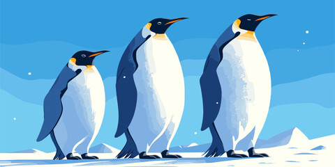 Obraz premium Flat vector icons set of three standing penguins in snowy landscape.