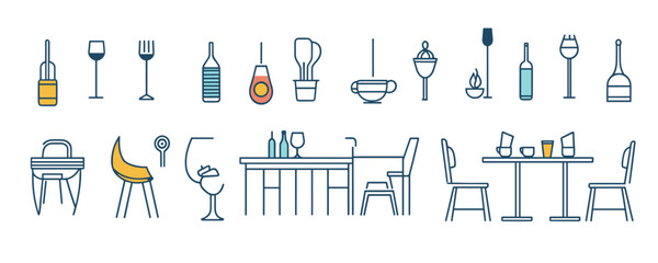 Flat linear icons set of kitchen and dining furniture and accessories.