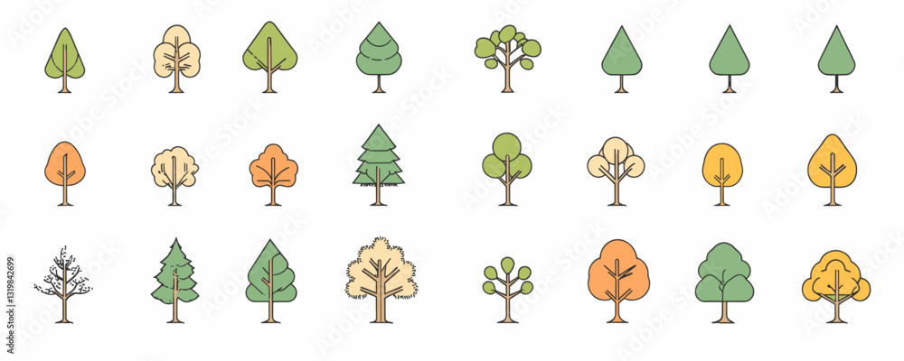 Poster flat linear icons set of trees in various shapes and colors - vector art.
