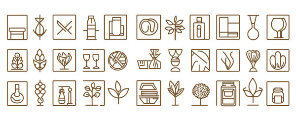 Flat linear icons set of essential oils, perfume bottles, and plant elements in minimalistic style.
