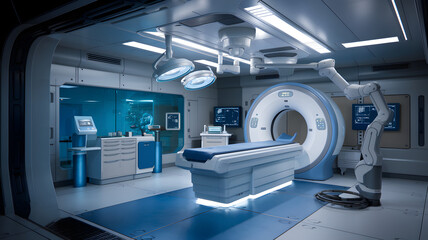 A modern operating room features advanced medical equipment, including a CT scanner and robotic arm. The room is sterile with blue and white tones, highlighting its technological advancement