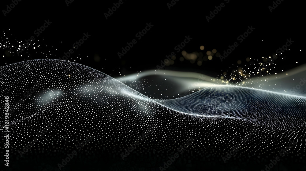Aufkleber abstract black background with dynamic white particles wave and depth of field bokeh light effect in