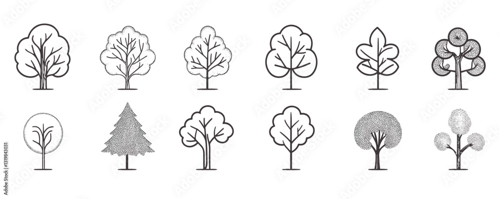 Poster flat linear icons set of trees with various shapes.