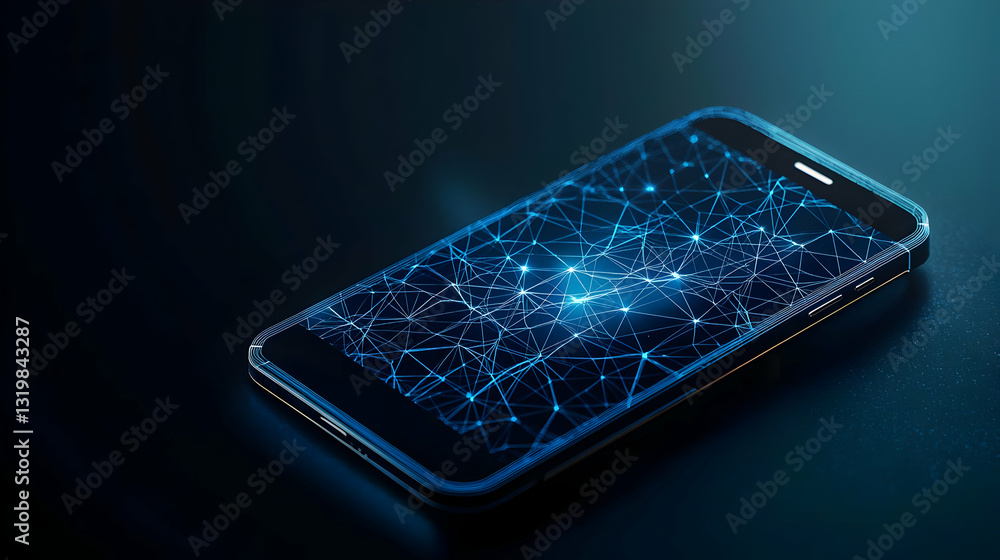 Poster glowing blue digital network pattern displayed on a smartphone against a dark background