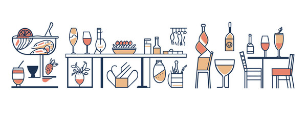Elegant wine and dining flat icons set &ndash; vector illustration of glasses, bottles, and food.