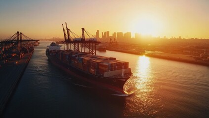 Obraz premium Container ship navigating the channel at sunset with a city skyline
