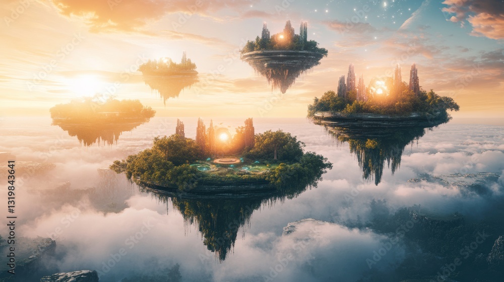 Aufkleber floating islands connected by portals serve as gateways to diverse virtual worlds, inviting explorat