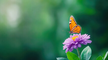 Obraz premium Vibrant monarch butterfly on purple aster blossom in sunlit garden