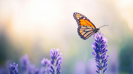 Monarch butterfly resting on lavender bloom in serene garden setting