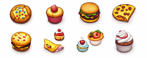 Flat icons set of delicious fast food and desserts.