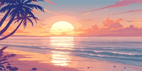 Flat style beach sunset vector icons set with palm trees and ocean waves.