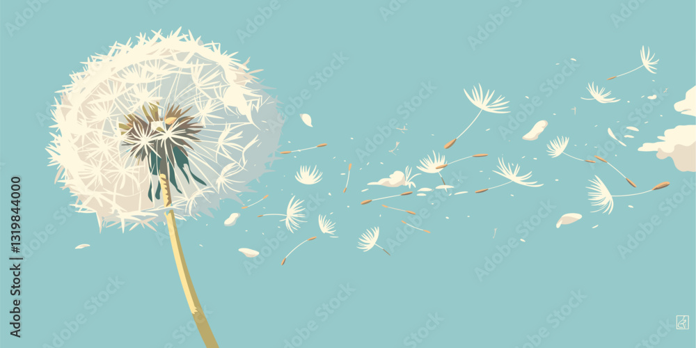 Poster flat dandelion blowing in the wind vector icons set.