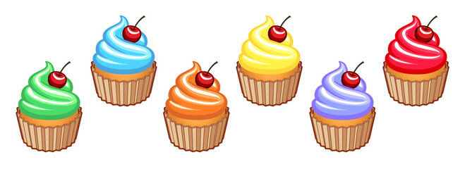 various classic cartoon yummy cupcake with colored icing cream and cherry dessert cake set of 6 vector on transparent background
