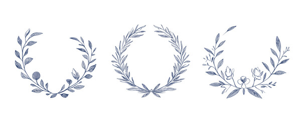 Obraz premium Flat linear icons set of hand-drawn botanical wreaths in vector style.