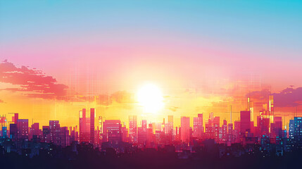 Pixel Art Cityscape at Sunrise with Colorful Sky and Illuminated Buildings