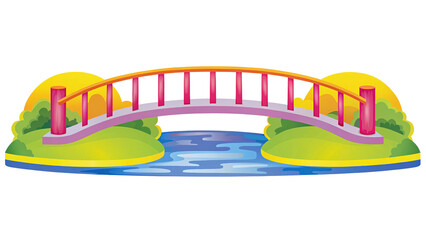 Charming kawaii illustration of a cartoon element bridge over water in a vibrant nature scene