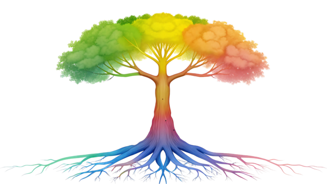 Vibrant tree growth celebration nature cartoon element kawaii illustration style whimsical scene colorful design