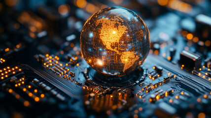 Brilliant circuitry reflects a luminous globe showcasing intricate connections