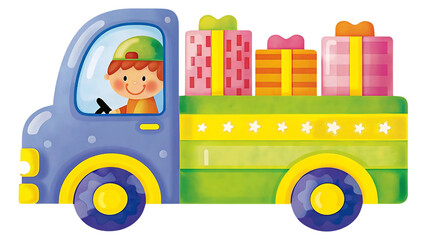 Kawaii illustration style cartoon delivery truck with gifts cheerful environment playful viewpoint fun concept shipping and logistic network concept