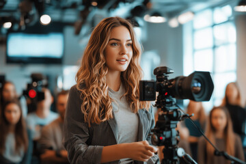 Young Filmmaker Woman using Professional Camera during Video Production. Talented Female Director at Work. Filmmaking, Media, and Television Industry.