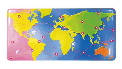 Global travel connections cartoon element kawaii illustration style world map digital art bright colors playful design shipping and logistic network concept