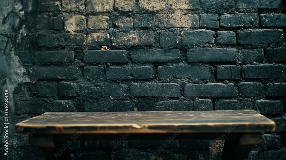 Aufkleber an empty brown wooden table sits in front of a textured black brick wall, inviting thoughts of gathe
