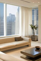 Fototapeta premium Modern living room designed with neutral tones and expansive windows for natural light