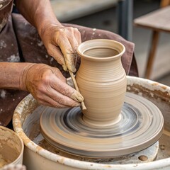 "Close-Up of a Potter’s Hands Shaping a Clay Vase on a Spinning Wheel. Traditional Ceramic Craft and Artisan Pottery.