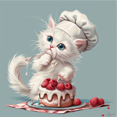 White kitten in a chef's hat bakes a cake