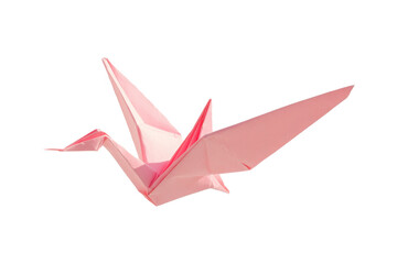 A pink origami crane with a different perspective, highlighting its symmetrical folds and delicate craftsmanship. Isolated on a transparent background 