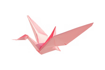 A pink origami crane with a different perspective, highlighting its symmetrical folds and delicate craftsmanship. Isolated on a transparent background
