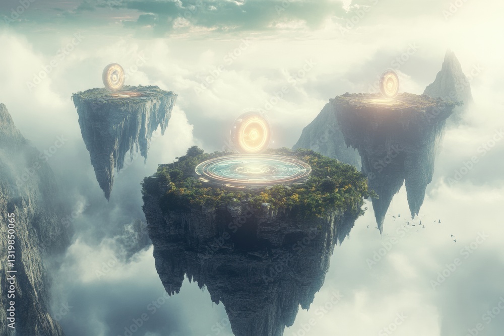 Poster Floating islands connected by portals create gateways to different virtual worlds in a surreal metaverse environment