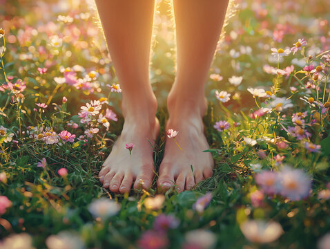 bare feet standing in a field of soft grass and blooming wildflowers