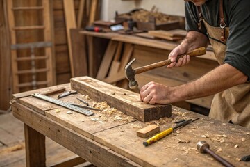 Hands of a Carpenter Chiseling Wood on a Rustic Workbench. Traditional Woodworking and Artisan Craftsmanship.