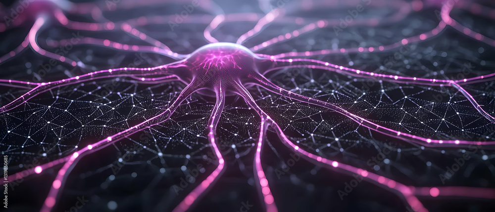 Poster a 3d rendered pink and purple neural network with interconnected neurons and glowing synapses on a d