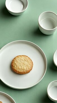 A freshly baked cookie on a minimalist plate surrounded by empty white cups on a green backdrop