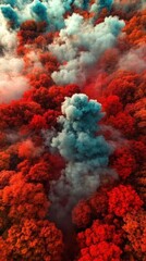 Illustration of an aerial  captures a vibrant autumn forest, dramatically infused with swirls of teal and white smoke, creating a surreal and captivating scene